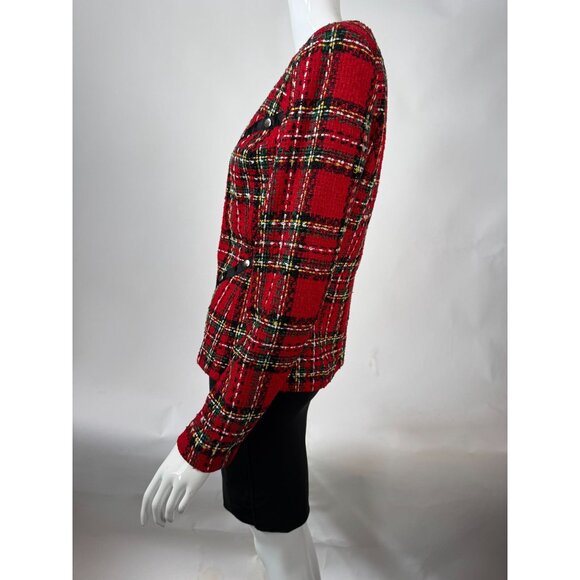 Conrad C Collection Womens Red Plaid Tweed Blazer Jacket Size 6 Silk Blend - Picture 12 of 16
